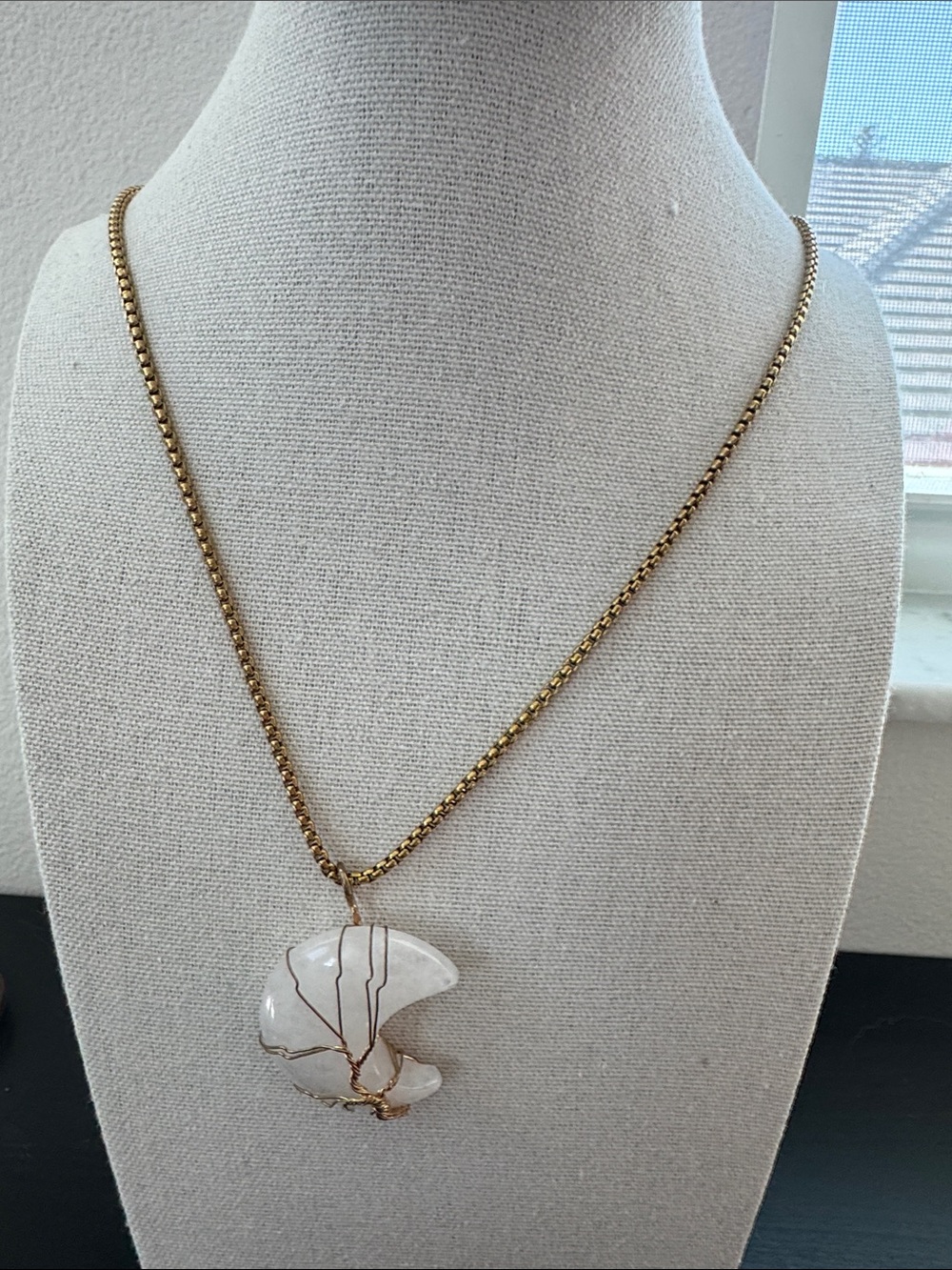 Handmade Gold Chain Necklace with Quartz Crescent Pendant